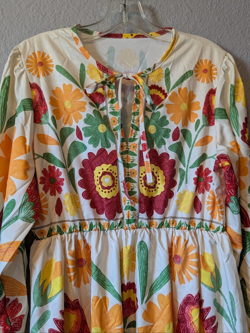 New Floral Tie-Neck Midi Dress in Cream with Red, Yellow & Green Print - Picture 8 of 8